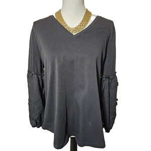 Chicos Womens Large 2 Black Lace Long Sleeve Casual Basic Stretchy Top